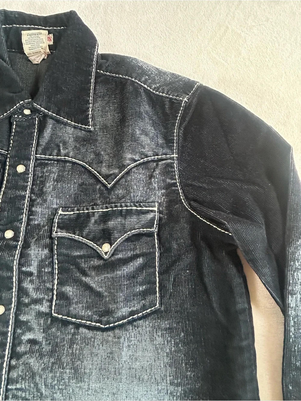 True Religion Black Corduroy Western Shirt Long Sleeve pearl Snap Button Size M